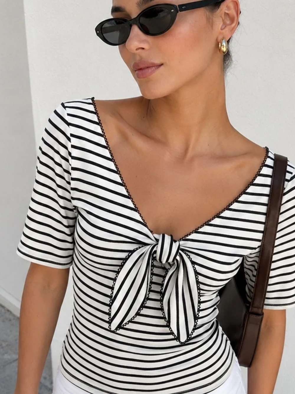 NWT - Commense Black & White Striped Knot-Front V-Neck Top